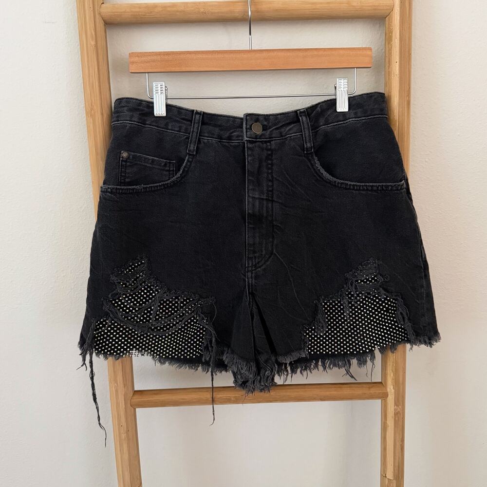 Pilcro Anthropologie Black Denim Shorts 32 Rhinestone Distressed High Rise